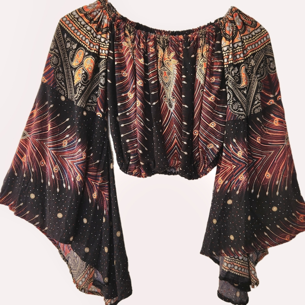 Kathmandu Bohemian Black Print Crop Top Off-Shoulder Angel Sleeves Size Small